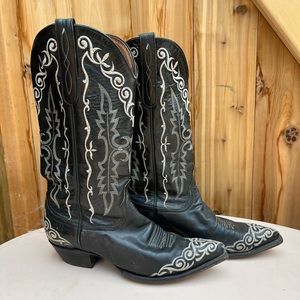 Vintage Black Leather & White Stitched Cowboy Boots by Larry Mahan, men’s size 8